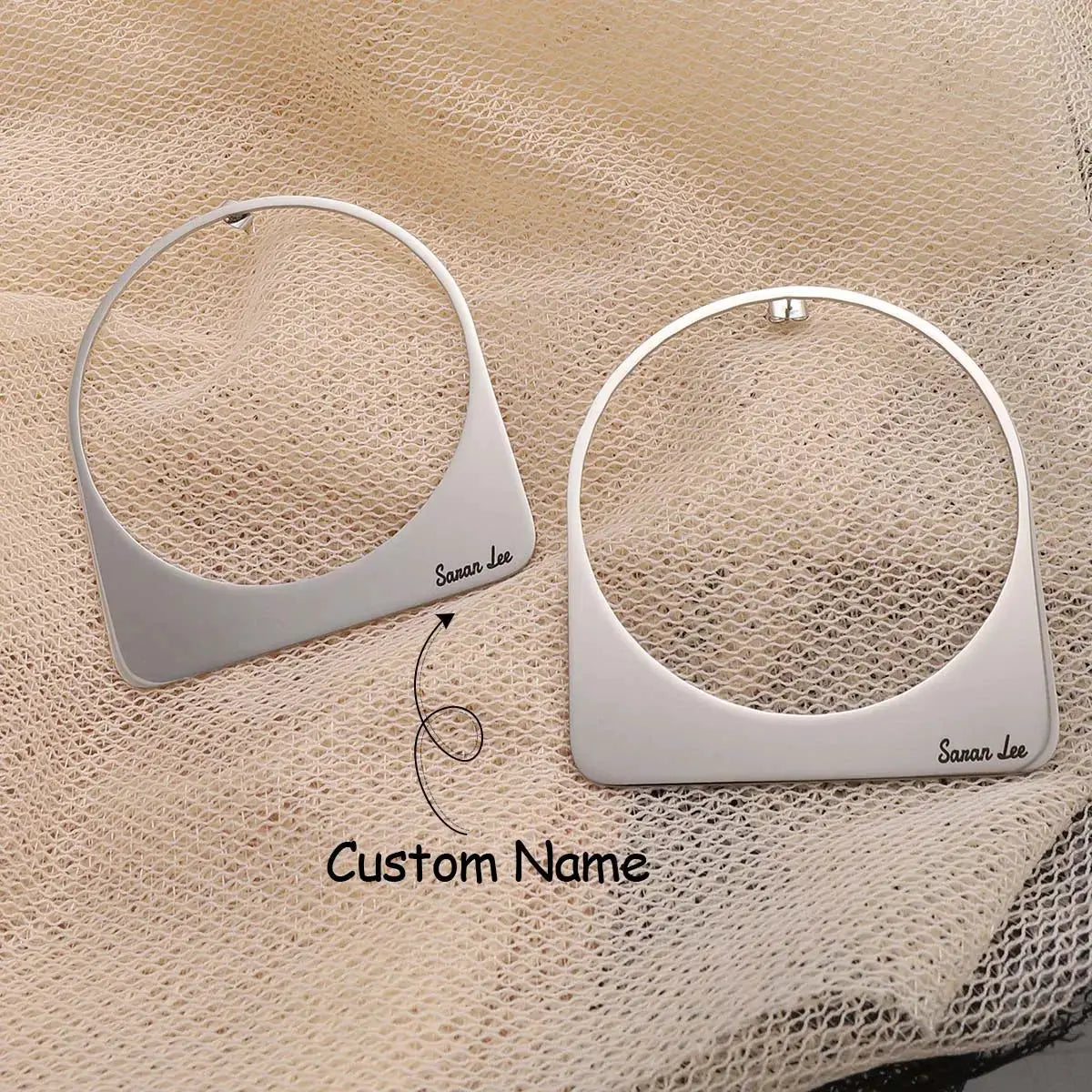 African large hoop earrings with custom name, silver-toned stainless steel, Sanar Lee, two-piece set
