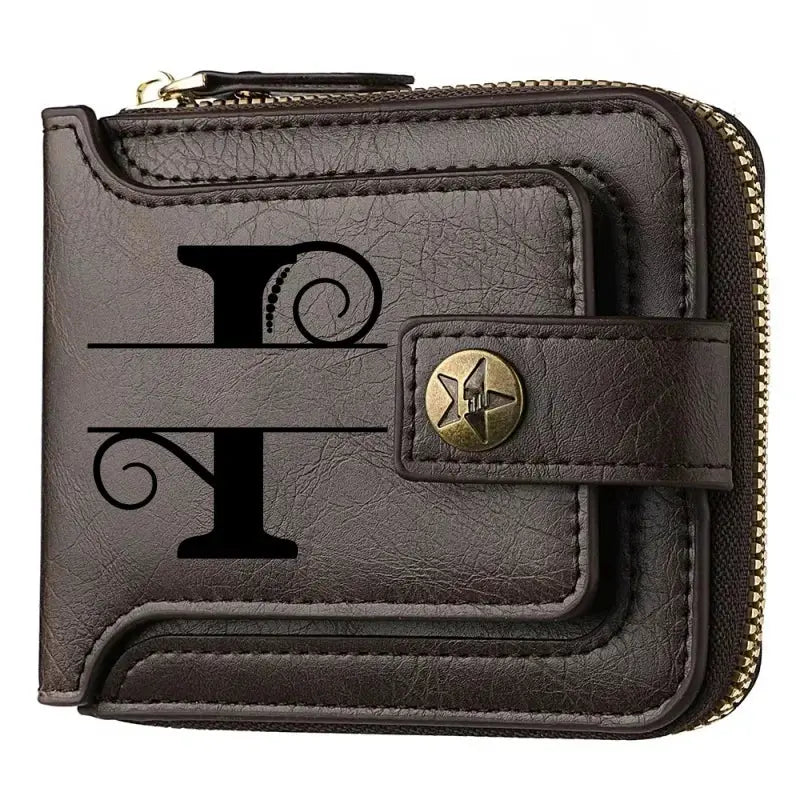 Brown PU leather chain wallet for men with zip-around design and brass snap strap
