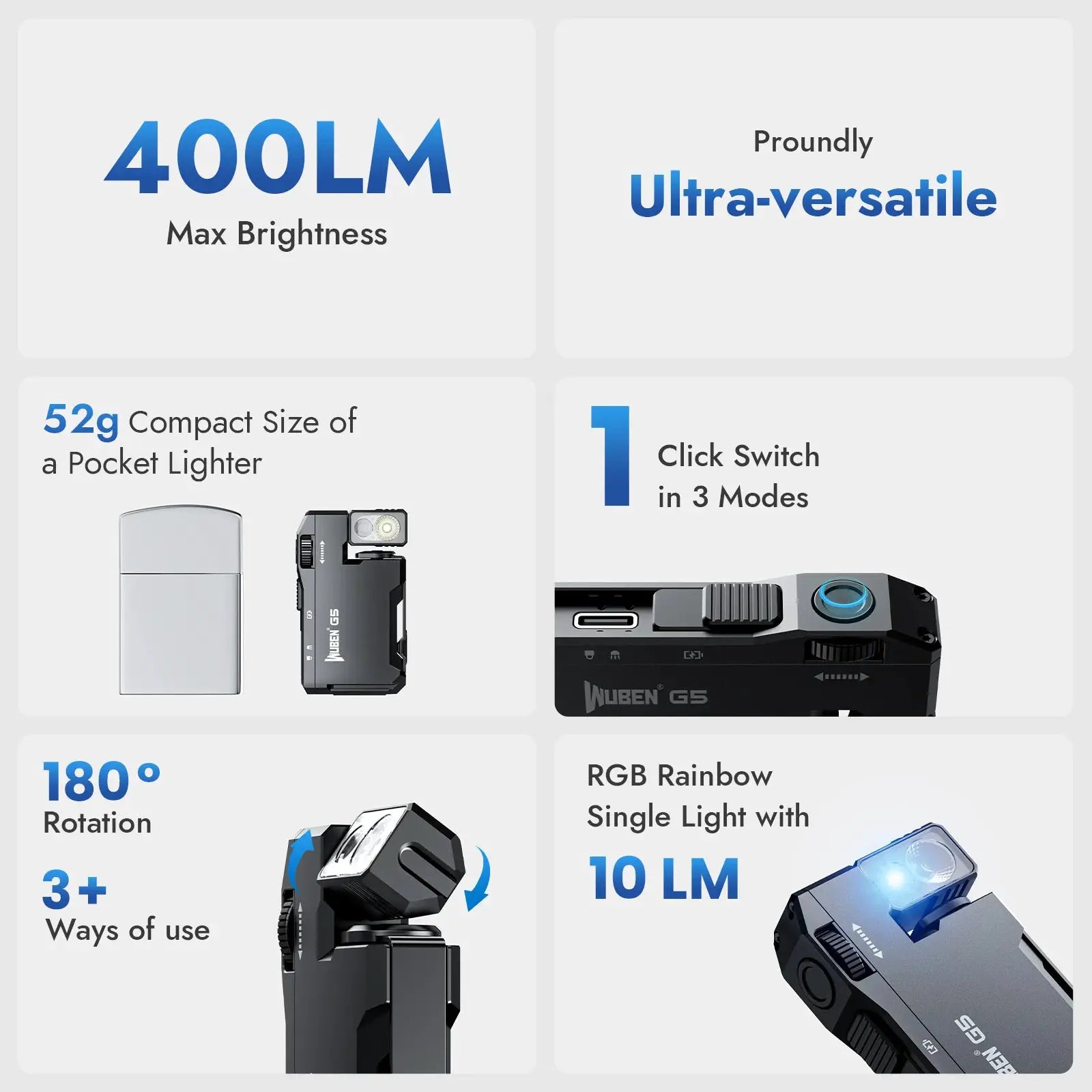 WUBEN G5 rechargeable EDC flashlight by Simples Market; compact pocket size, 400 lumens