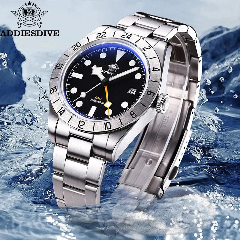 ADDIESDIVE 39mm GMT watch with stainless steel bracelet, black dial, luminous markers, 20 bar water resistance