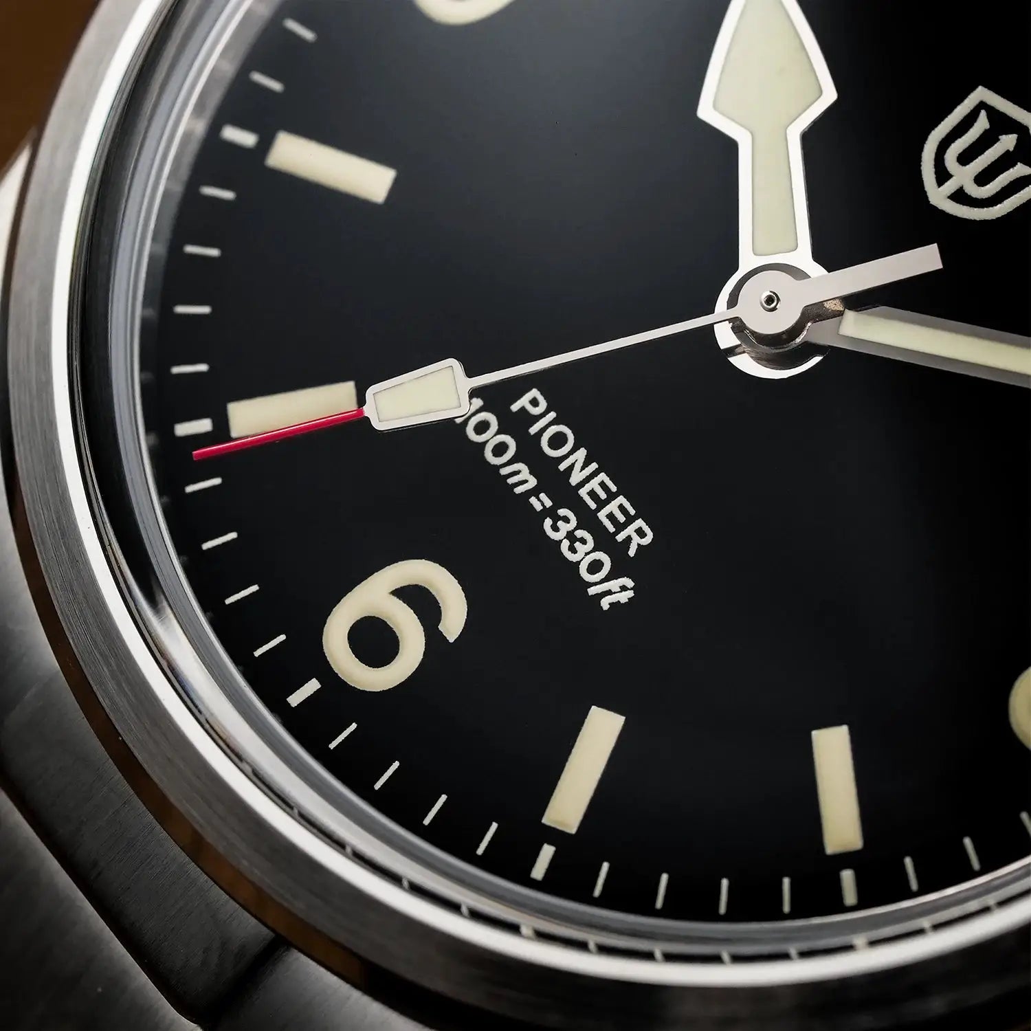 Watchdives WD1960S V2 wristwatch; stainless steel case, sapphire crystal, black dial with Pioneer logo and luminous markers.