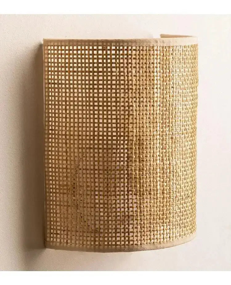 Rattan wall lamp with curved woven shade, beige tone, LED lighting