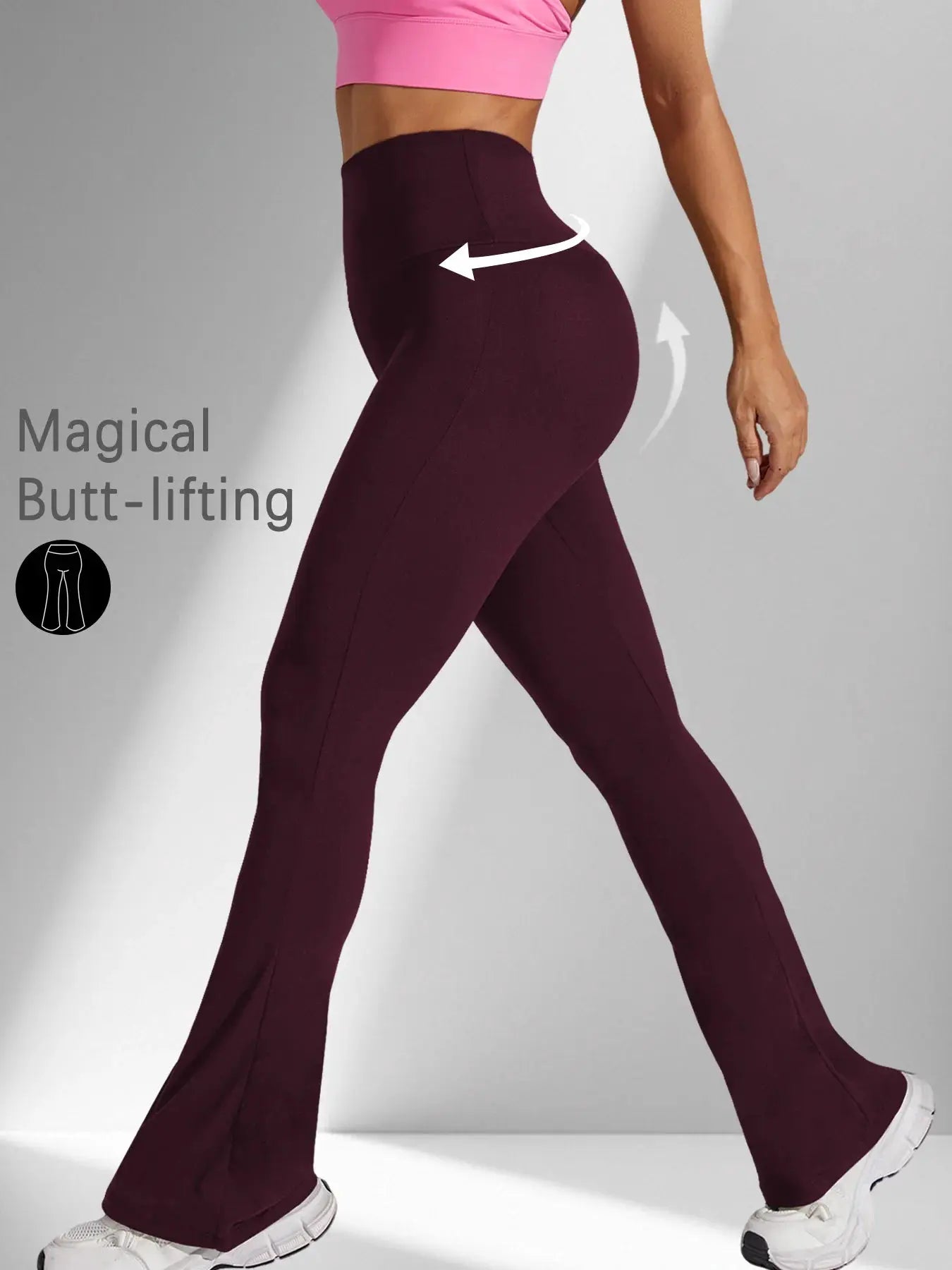 Women's burgundy high-waisted flare leggings with tummy-control and bell-bottom flare