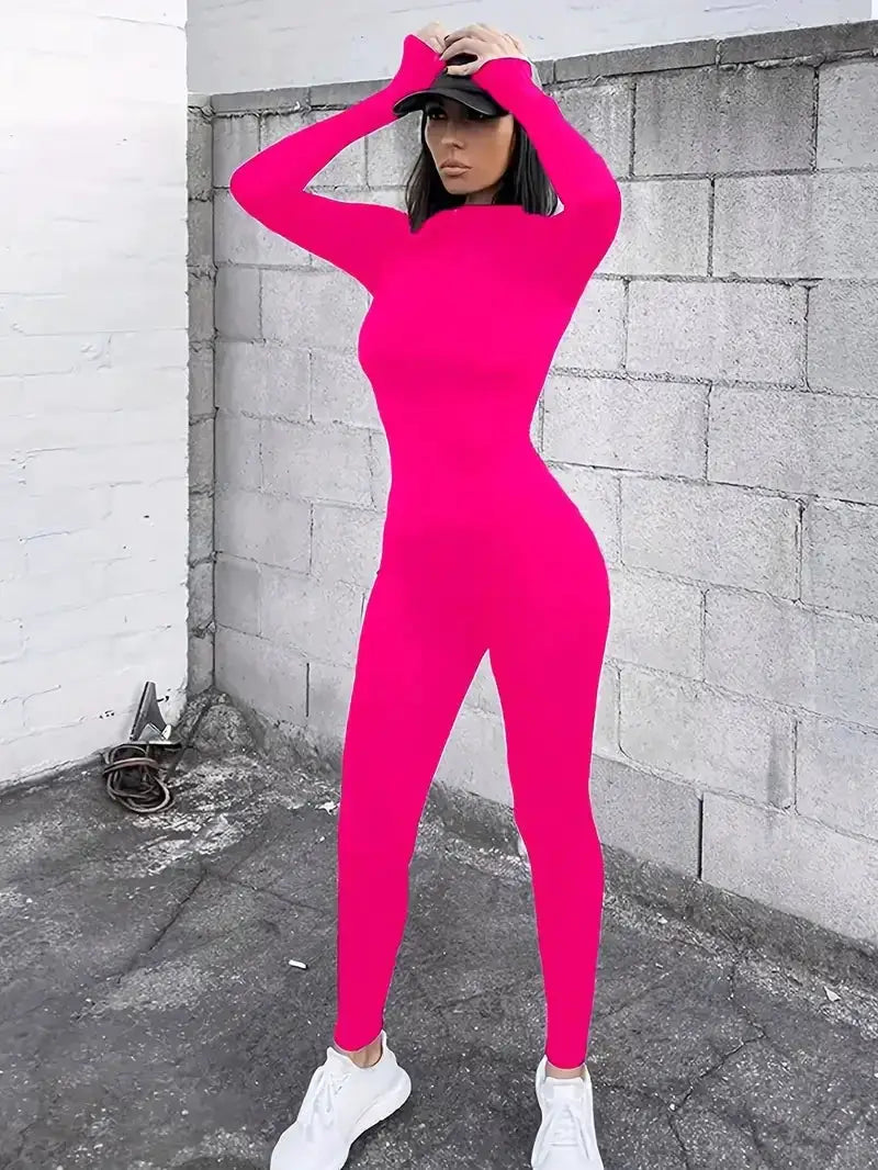 Pink neon long-sleeve jumpsuit for women, full-body slim-fit athletic outfit.