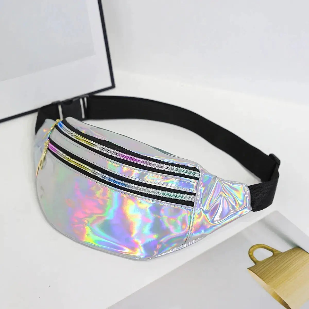 Simples Market holographic waist bag with black strap and three zip pockets