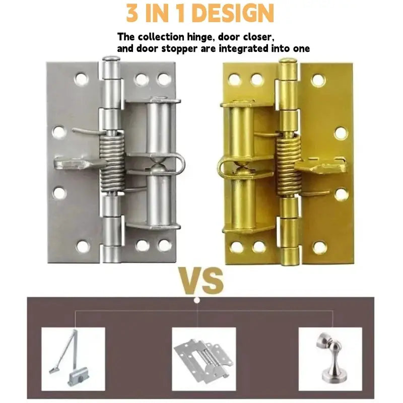 2-pack 3-in-1 automatic self-closing door hinges by Simples Market; silver and brass finishes.