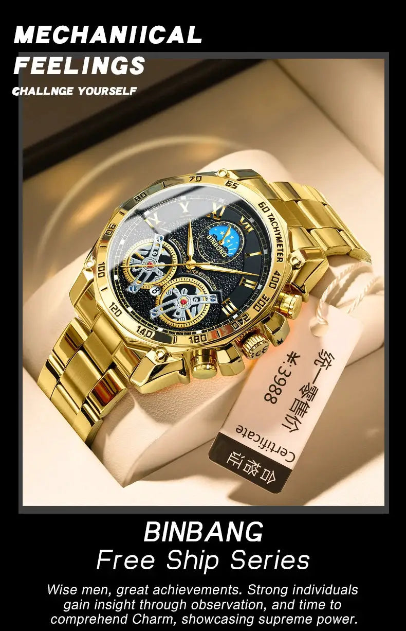 Gold-tone BINBANG men's luxury quartz watch with decorative black dial, multiple subdials, and metal bracelet