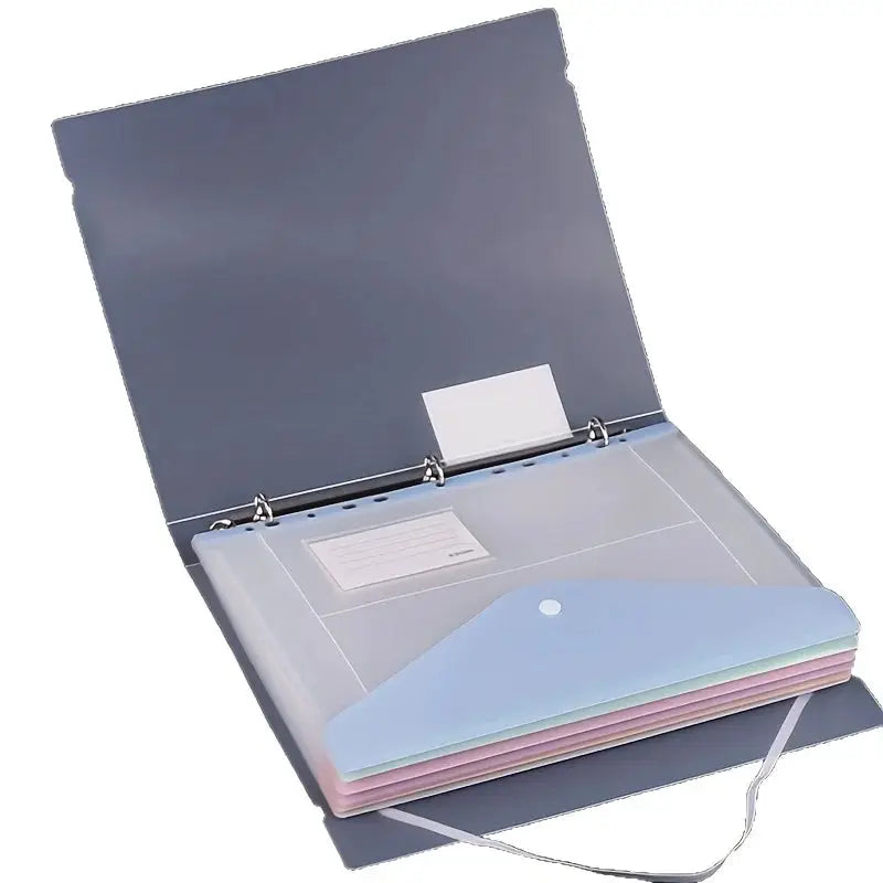 6-pack expandable binder pockets for 11-hole binders; pastel blue and pink side-opening plastic folders with snap button