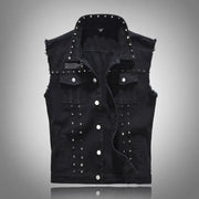 Rivet denim vest for men by Simples Market, black sleeveless jean jacket with silver studs.