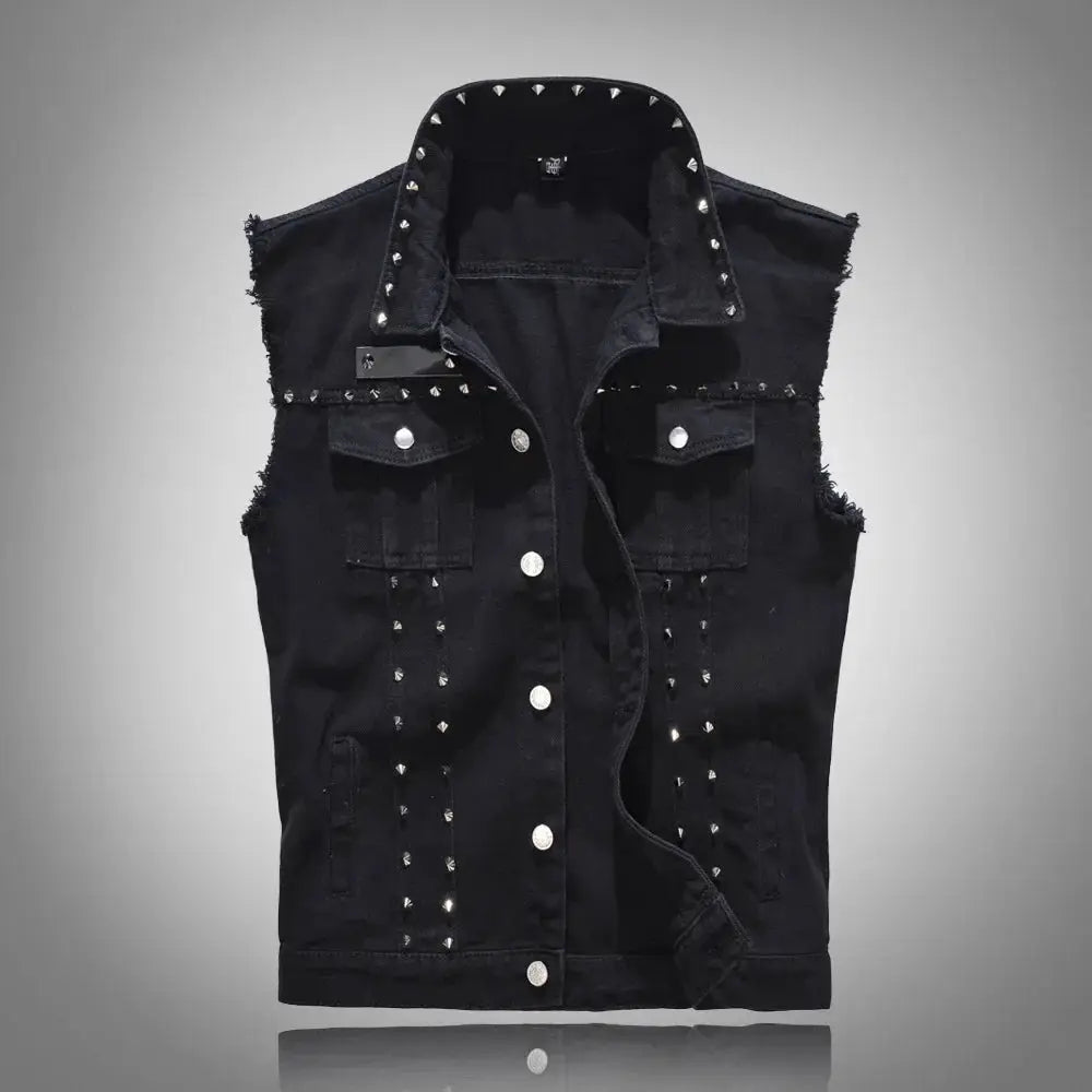 Rivet denim vest for men by Simples Market, black sleeveless jean jacket with silver studs.