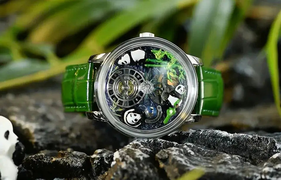 PINDU Panda Series men's mechanical watch, 45.5mm, rotating crystal ball, green strap.
