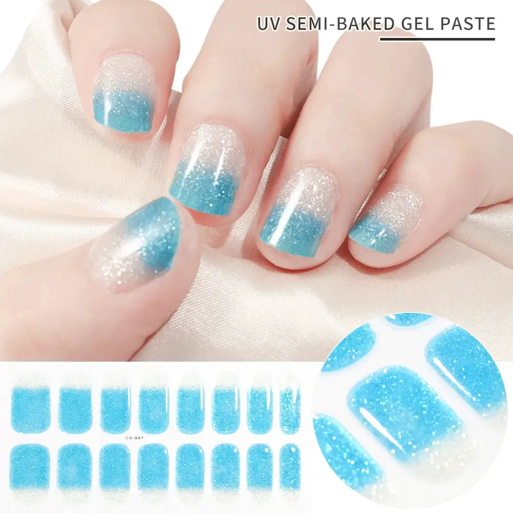Semi-cured gel nail wraps by Simples Market; blue gradient glitter full-cover decals