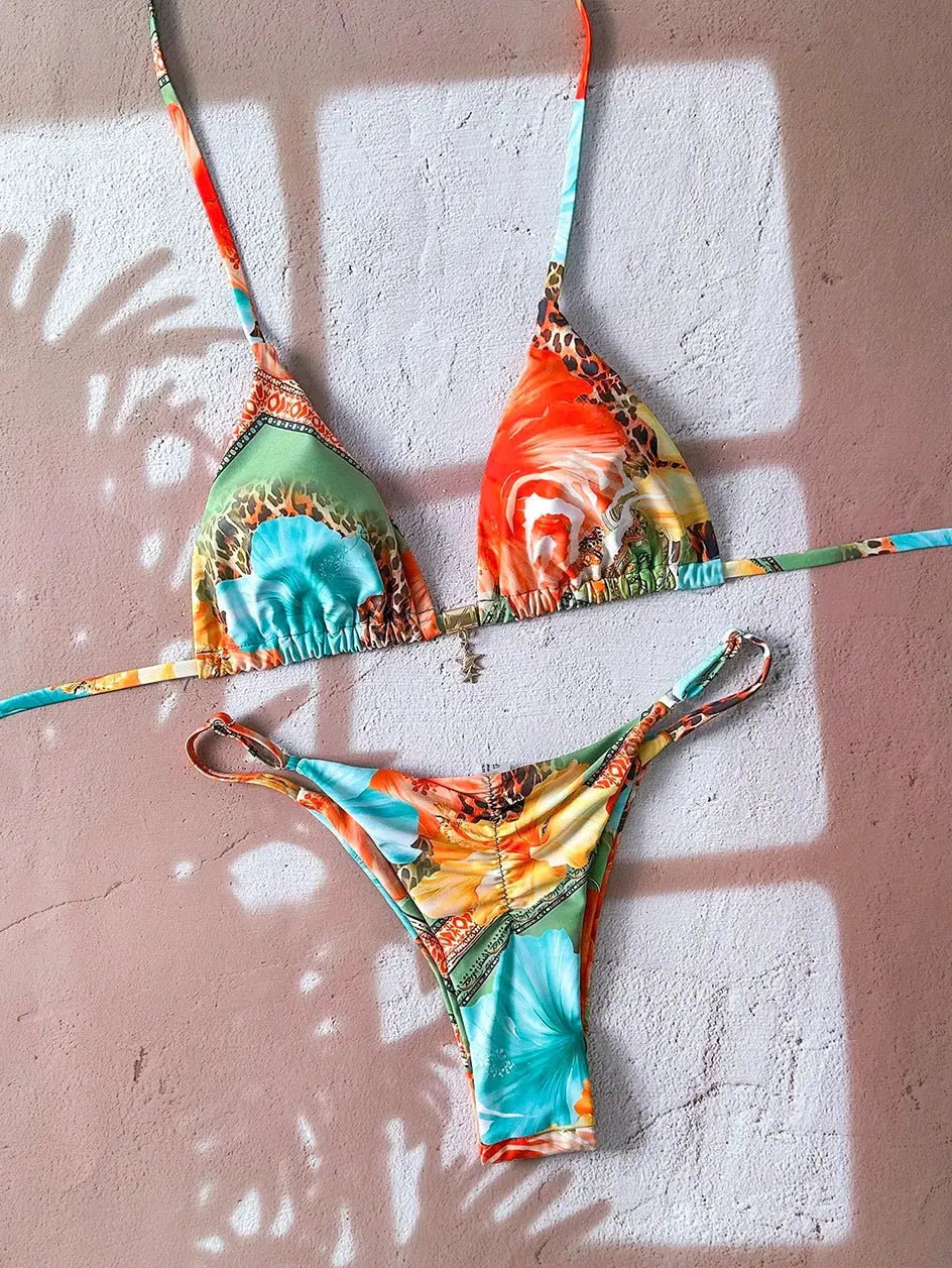 Leopard print push-up bikini set, colorful tropical two-piece thong swimsuit.
