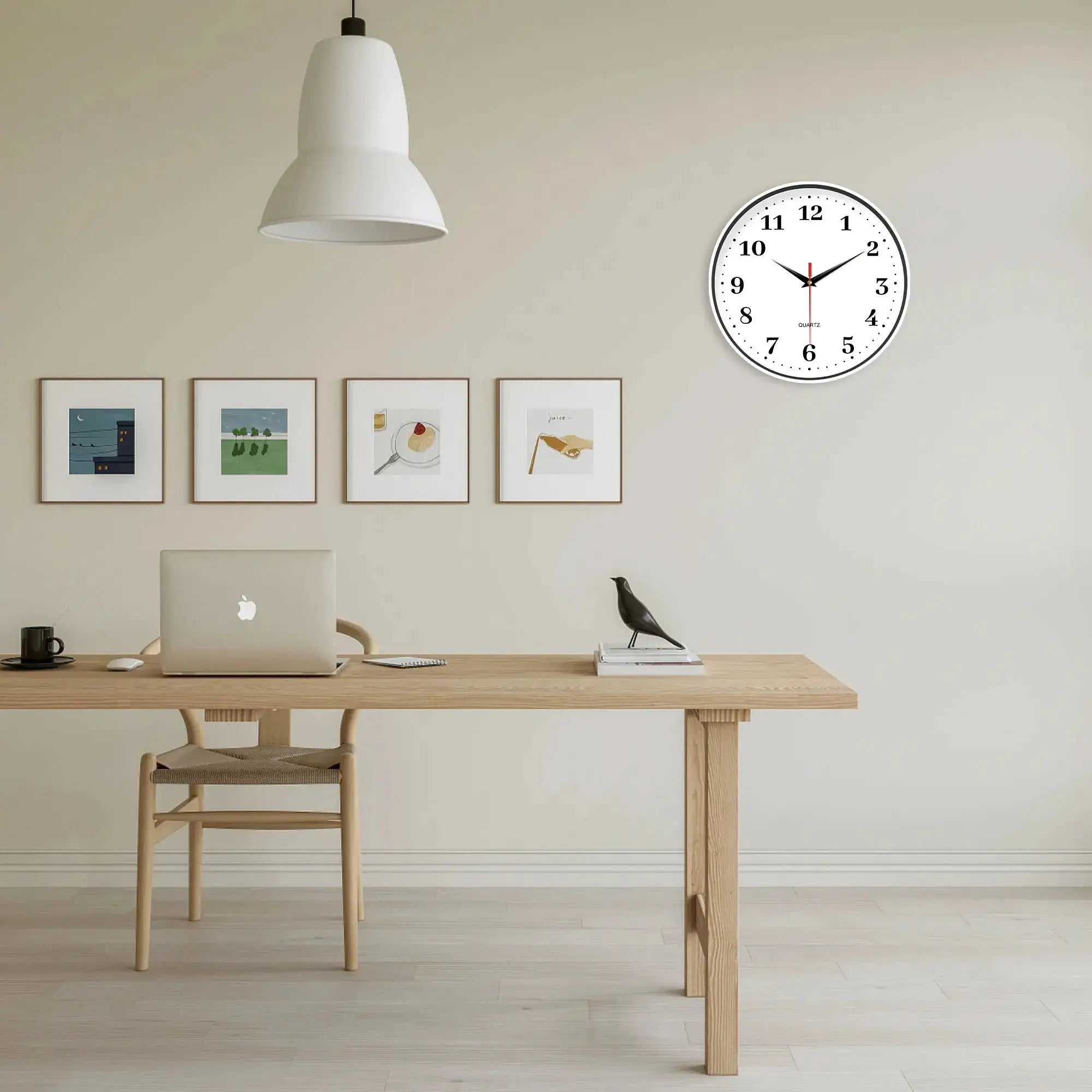 8-inch white quartz wall clock with a modern minimalist design; battery-operated and silent.