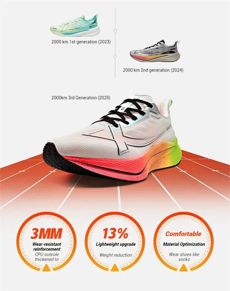 Xtep 2000km 3.0 men's running shoes, white upper with rainbow neon sole; three generations shown
