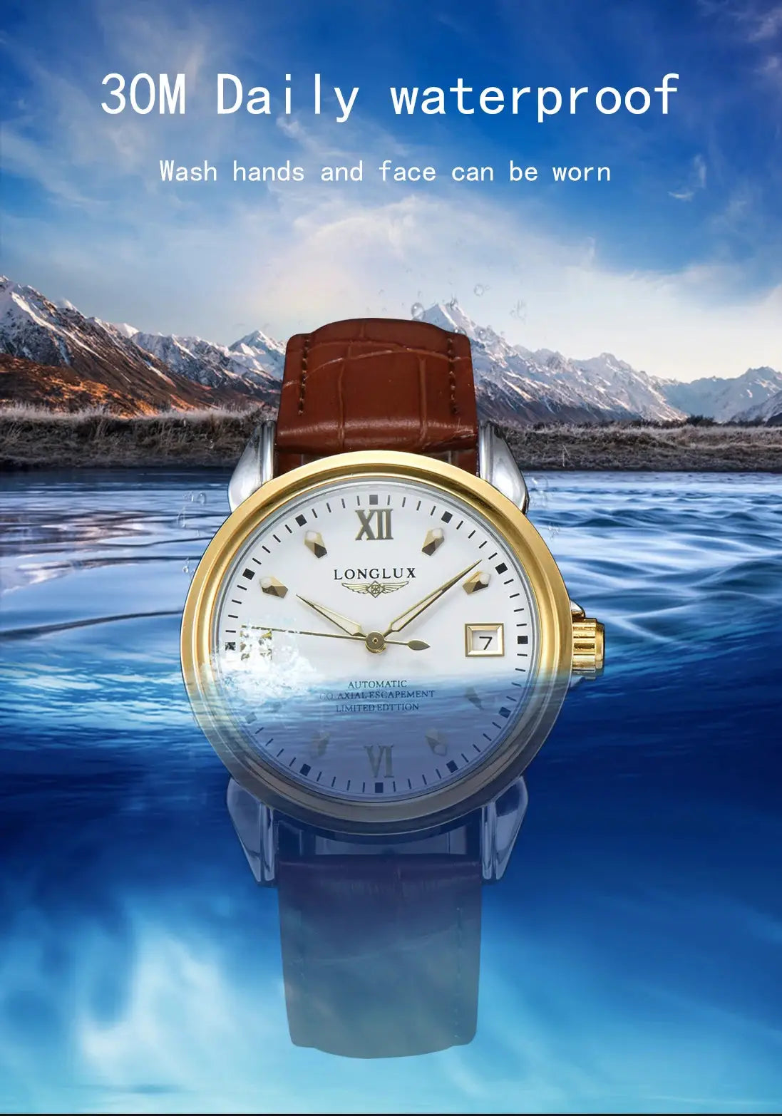 LONGLUX automatic men's wristwatch with brown leather strap, gold bezel, white dial, date window, 30m waterproof