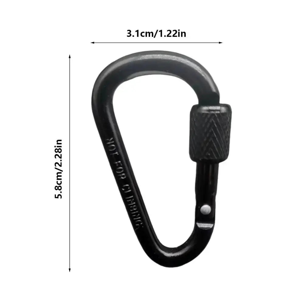 Black aluminum locking carabiner keychain, D-shaped with screw lock.