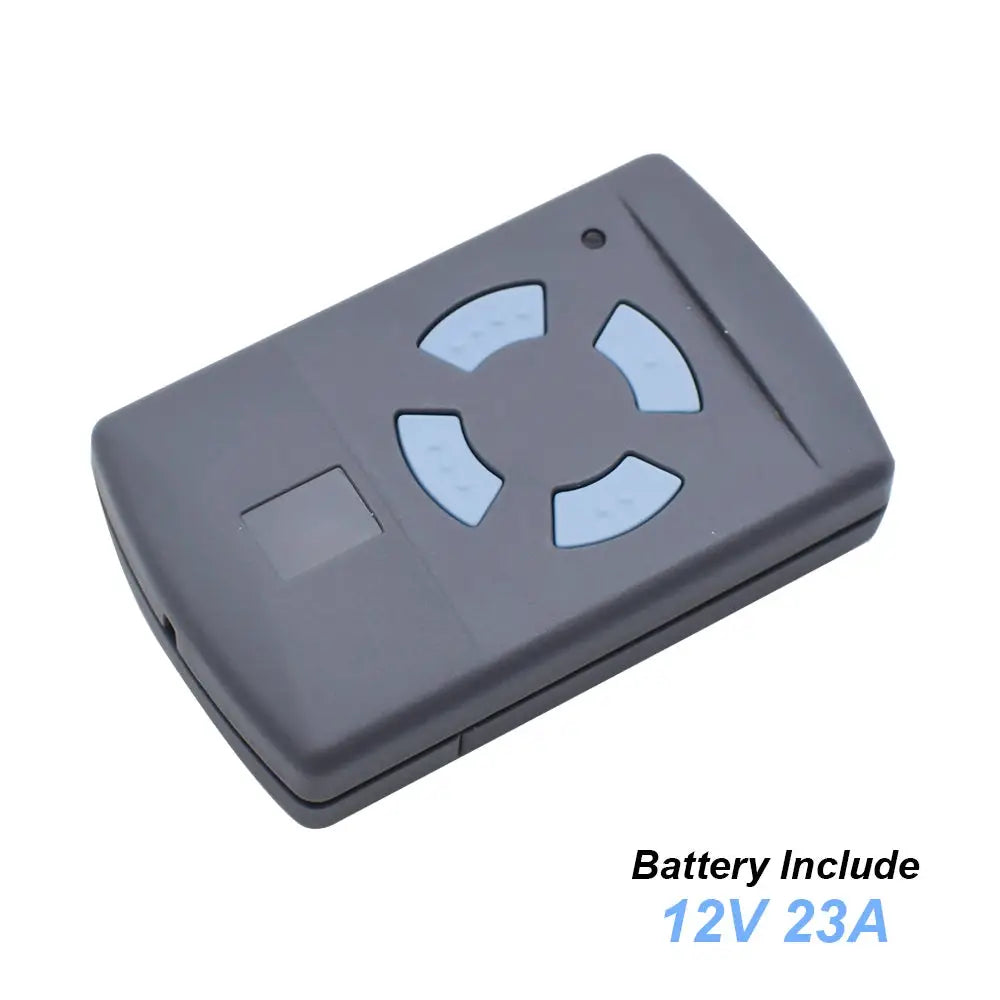 Garage door remote control fob, grey with four light-blue buttons, battery included