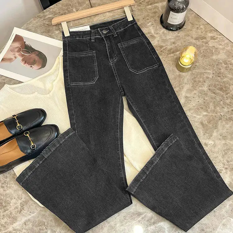 High Waist Loose Jeans Pockets Vintage Washed Denim Flare Trousers
