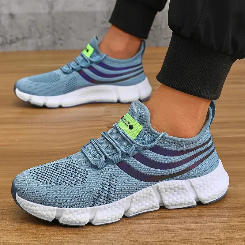 Men's Simples Market blue breathable knit sneakers with white chunky sole and purple side stripes