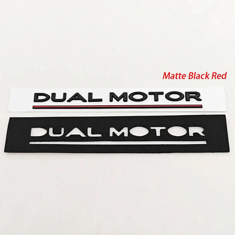 Dual Motor rear trunk badges (2-pack) in 3D ABS chrome with red underline, white and black backing for Tesla Model Y/S/X/3.