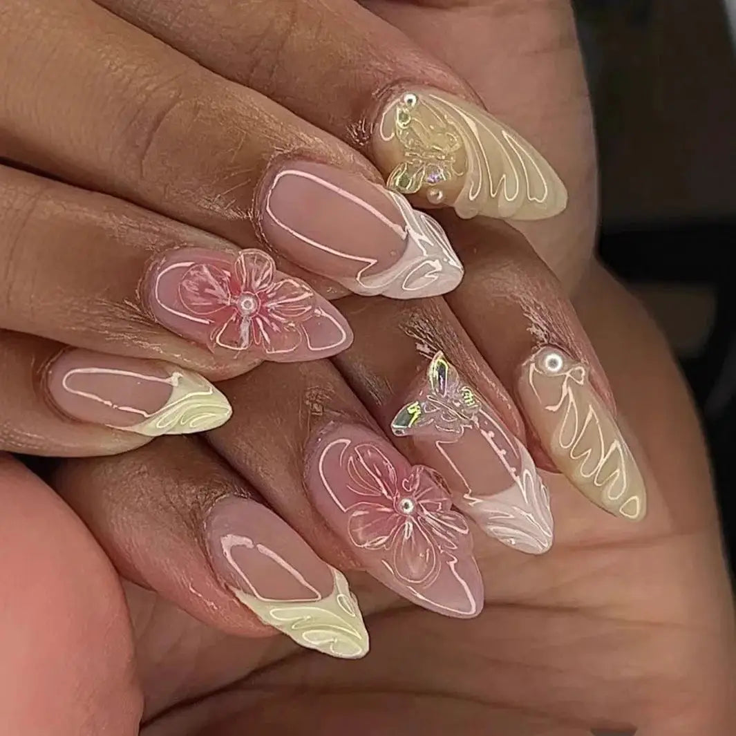 GlamNail Pink Almond Press On Nails Full Coverage Carved Flower 3D Ripple French Tips Golden Pearl Finish