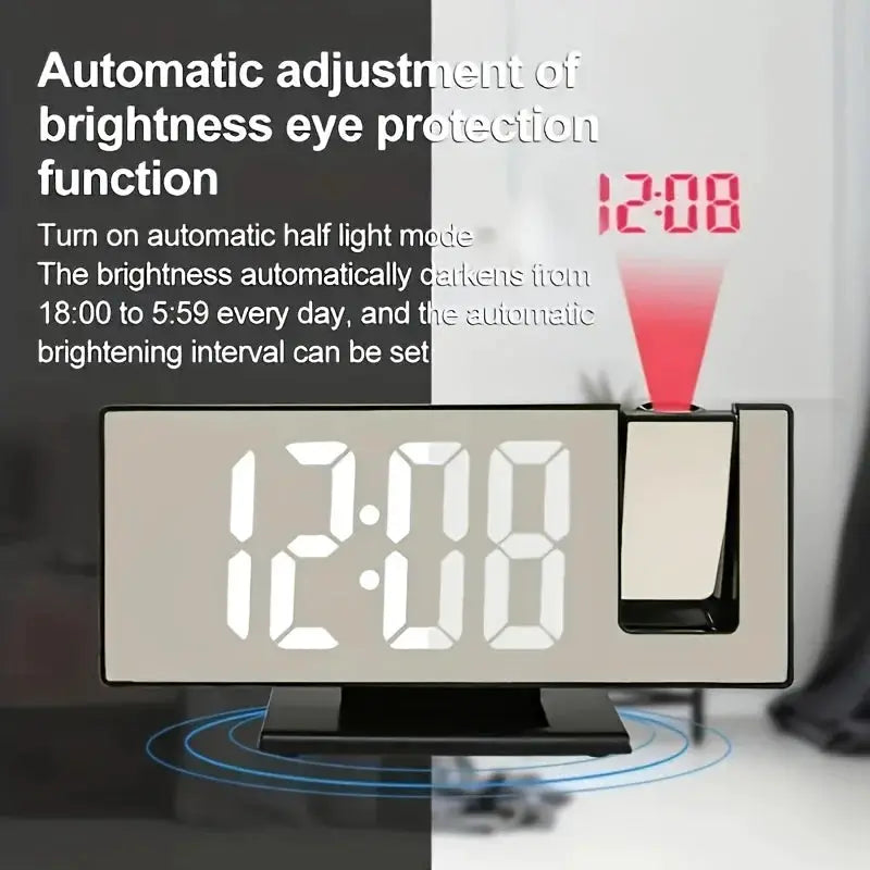Projection alarm clock with large digital display and 180-degree ceiling projection, black finish