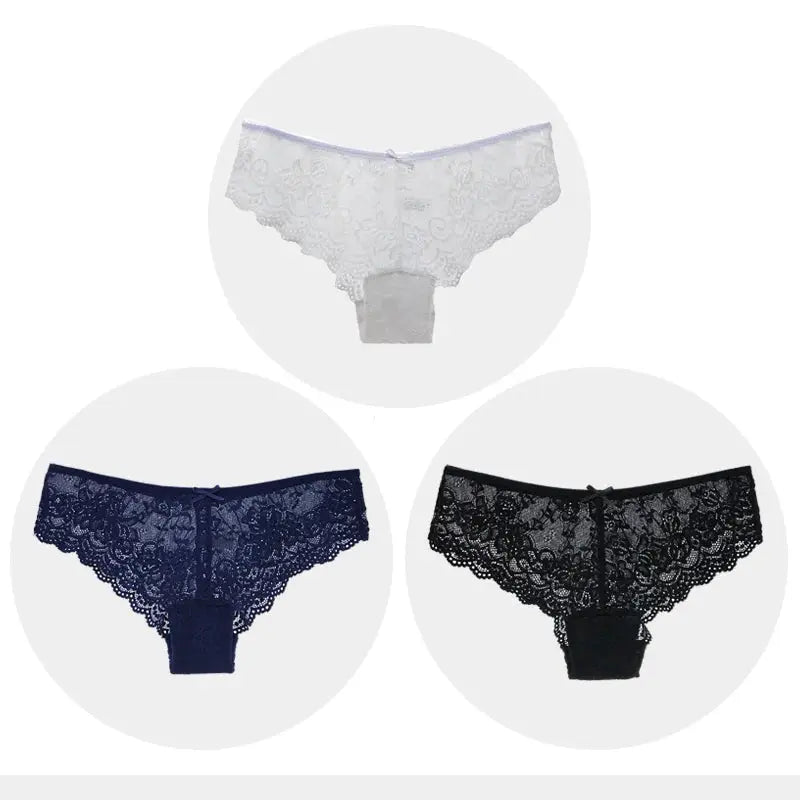 Three-pack women lace briefs with hollow-out low-rise lace in white, navy and black