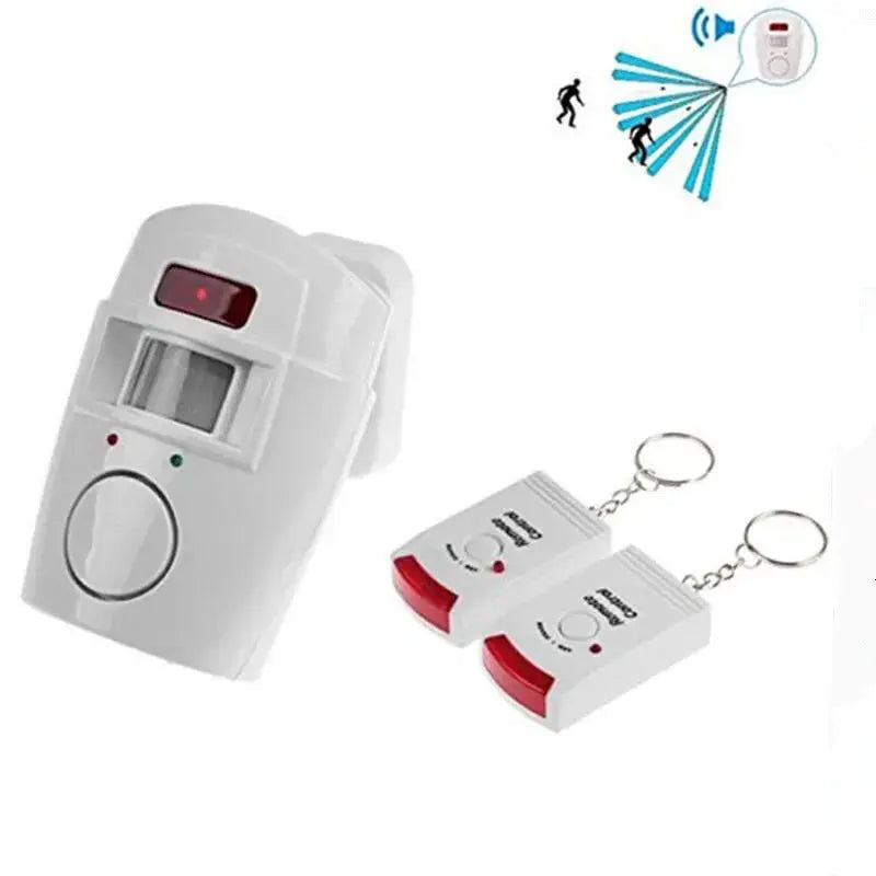 Wireless motion sensor alarm kit by Simples Market with two remote receivers, white indoor/outdoor alert system