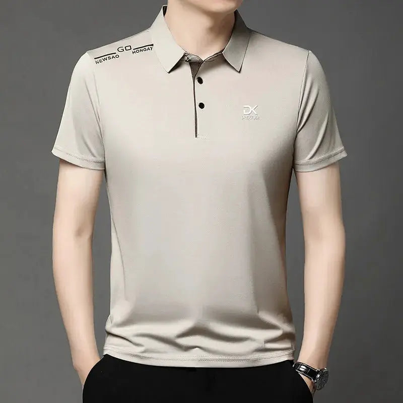 Men's business casual polo shirt, beige solid color with chest badge logo, breathable short sleeves.