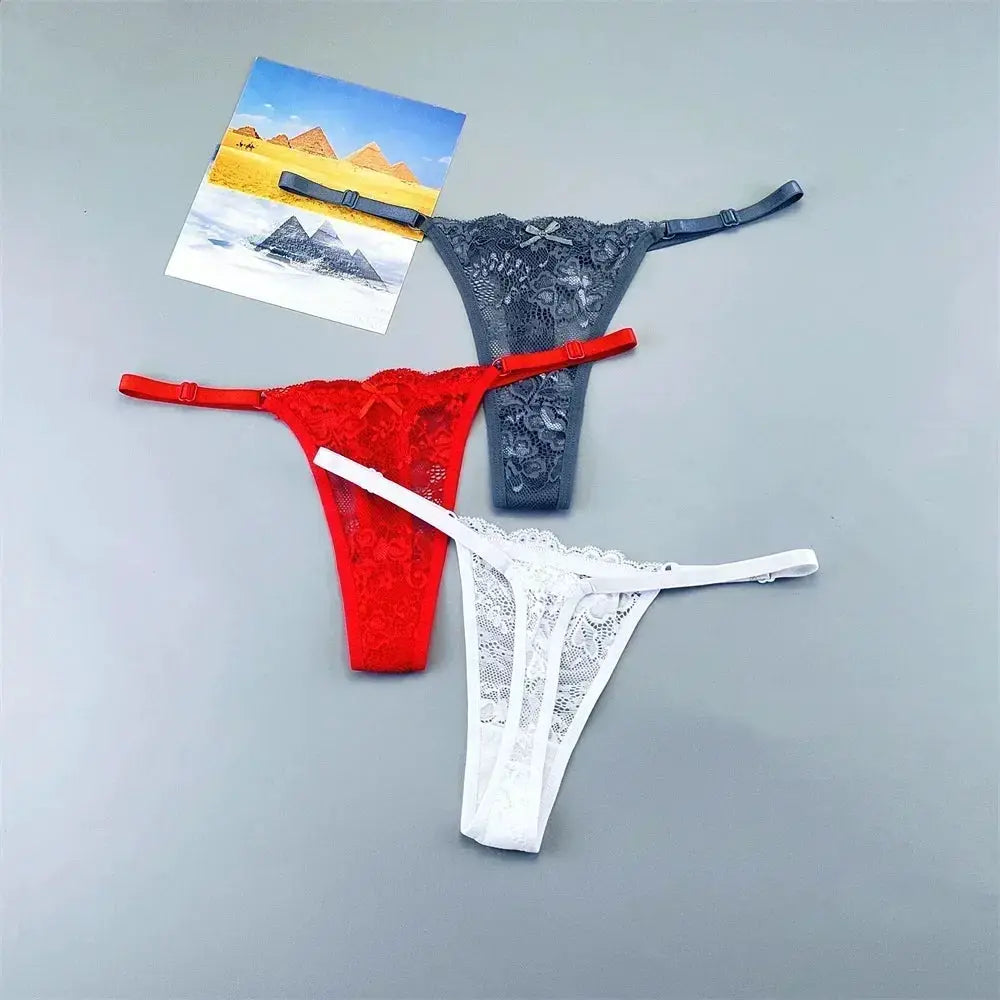 3-piece lace thong panty set by Simples Market in red, dark blue, and white; adjustable low-rise T-back underwear