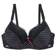 DaiNaFang lace bra with pink polka-dot cups, black lace trim, pink bow.