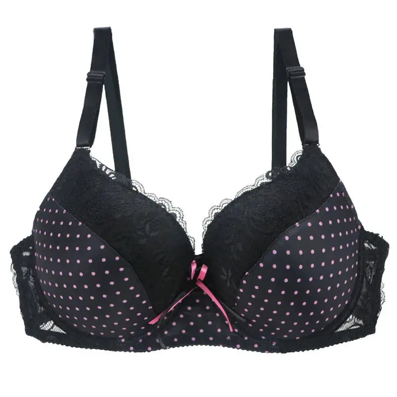DaiNaFang lace bra with pink polka-dot cups, black lace trim, pink bow.