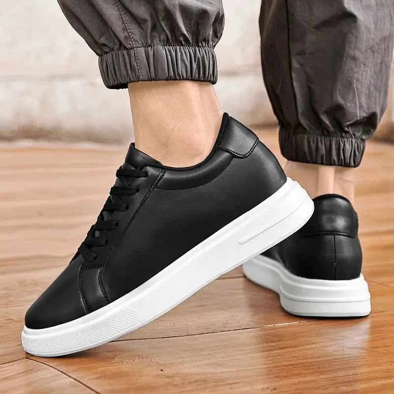 Simples Market men's black leather elevator sneakers with height-boosting insole and white platform sole