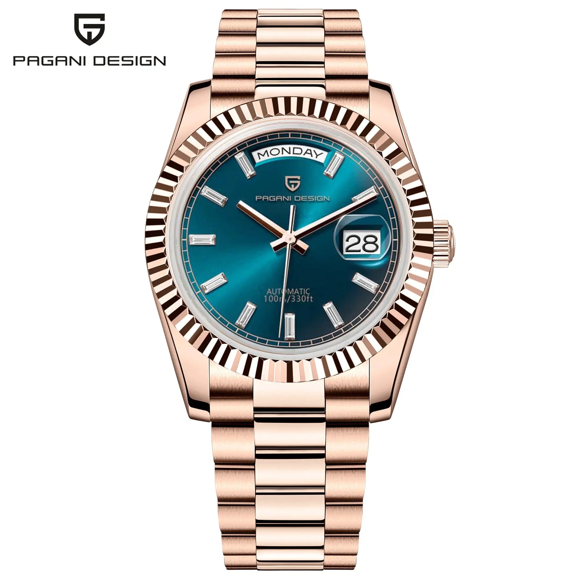 PAGANI DESIGN DD36 rose-gold men's automatic watch with blue dial, sapphire glass, day-date.