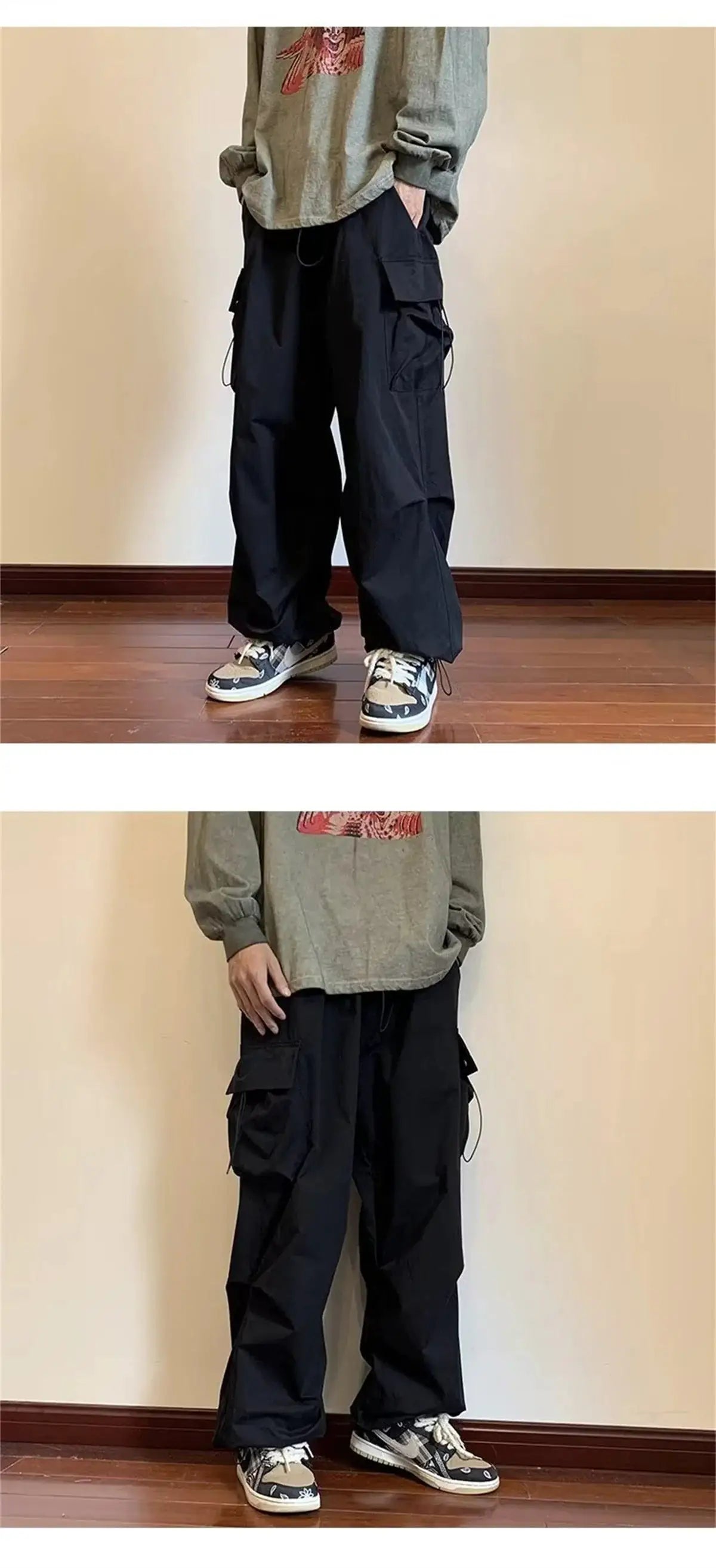 Simples Market men's black cargo pants with elastic waist, multiple pockets, loose baggy fit