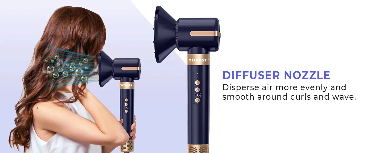 7-in-1 hair dryer brush with diffuser nozzle in navy blue by YITRUST