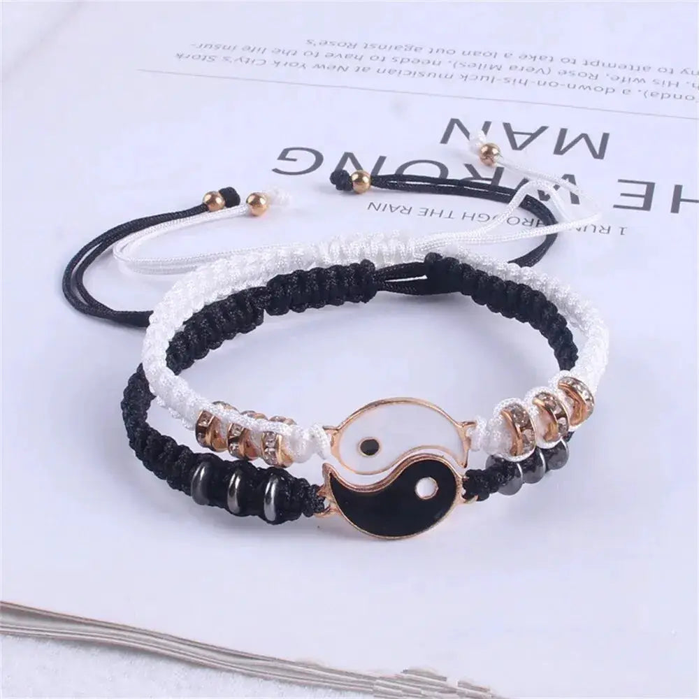 Two Piece Yin Yang Tai Chi Bracelet Set For Couples Rope Chain Adjustable Daily Wear Jewelry Black White