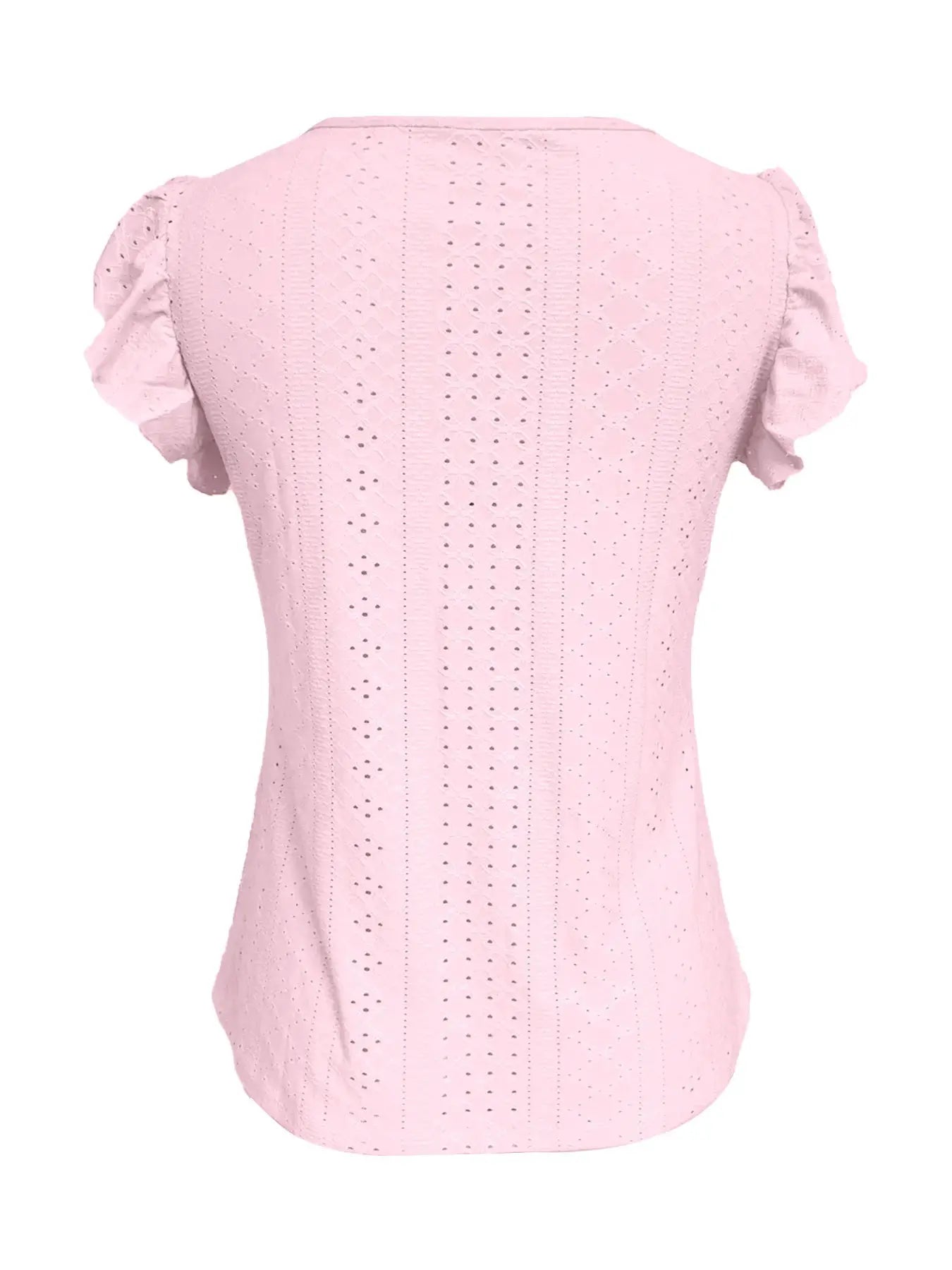 Simples Market pink eyelet short-sleeve blouse with puff sleeves, back view.