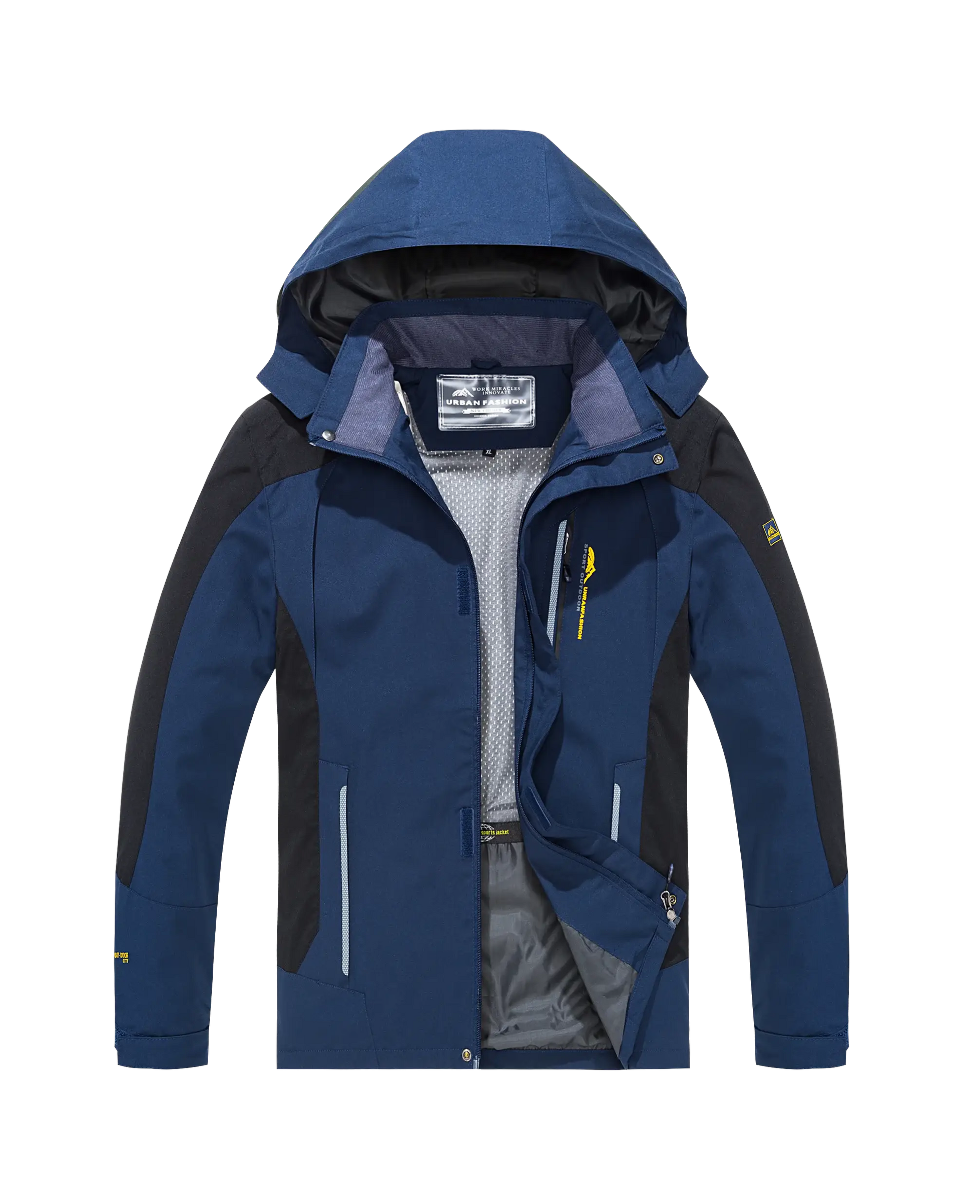 Men's waterproof hiking jacket by Simples Market, blue with navy panels and adjustable hood.