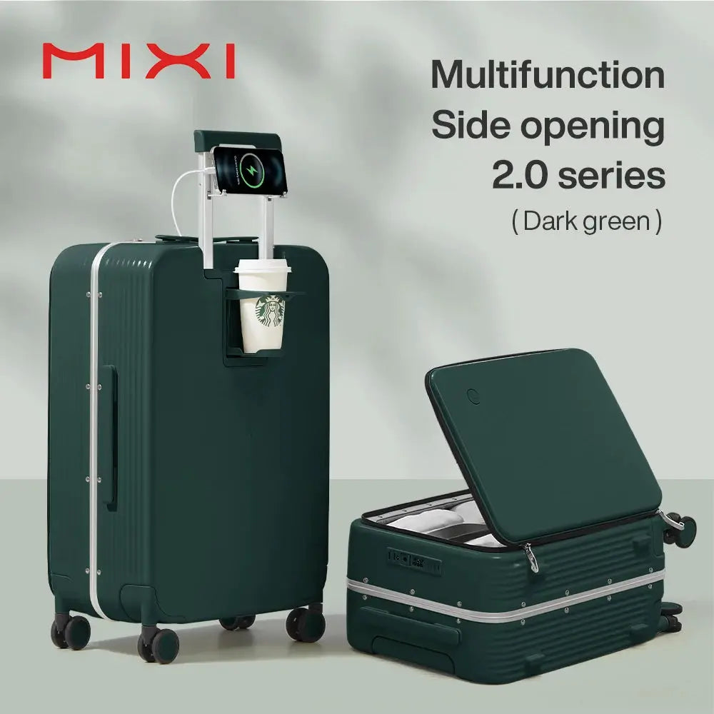 Mixi two dark green aluminum-frame carry-on suitcases with USB port and cup/phone holder