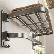 Towel rack holder, wall-mounted folding aluminum, grey/black, 50–60cm with towel hooks