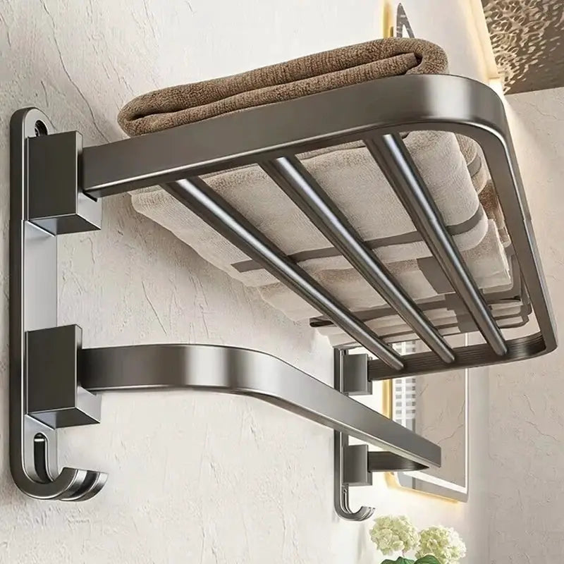 Towel rack holder, wall-mounted folding aluminum, grey/black, 50–60cm with towel hooks