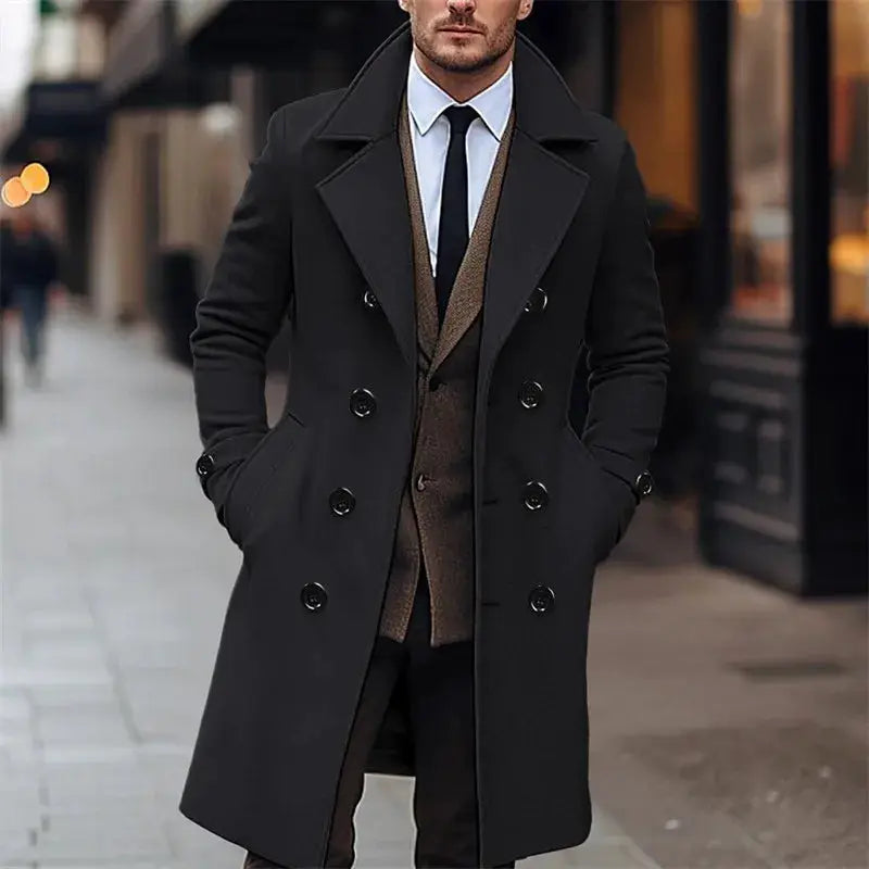 Simples Market men's black double-breasted wool trench coat, long-length.