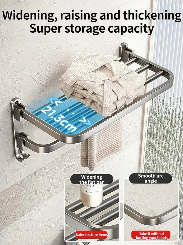 Towel rack by Simples Market, folding aluminum, grey finish, 50–60cm, wall-mounted with hooks