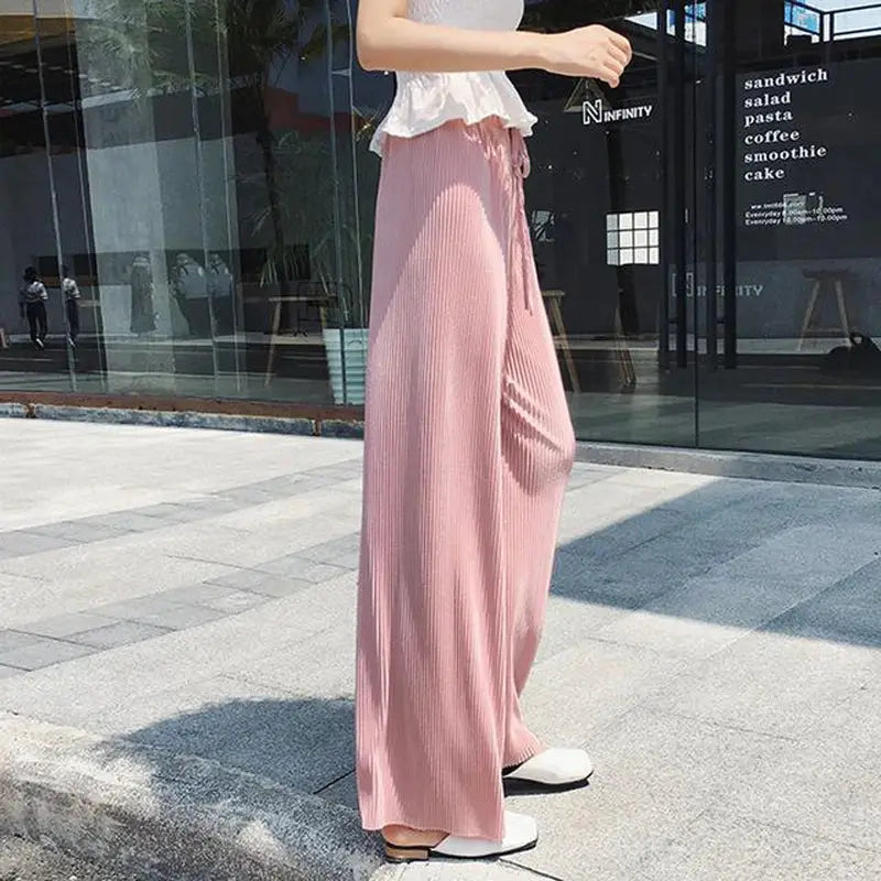 NovaModa Ice Silk Pleated Wide Leg Pants For Women Breathable Summer Comfort Elastic Waist