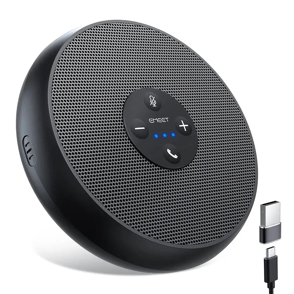 EMEET USB wired conference speakerphone, black circular unit with center controls; includes USB adapters