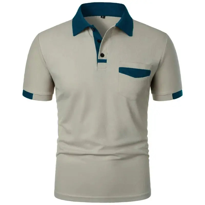 Simples Market men's short-sleeve polo shirt with a pocket, beige with teal collar and trim.