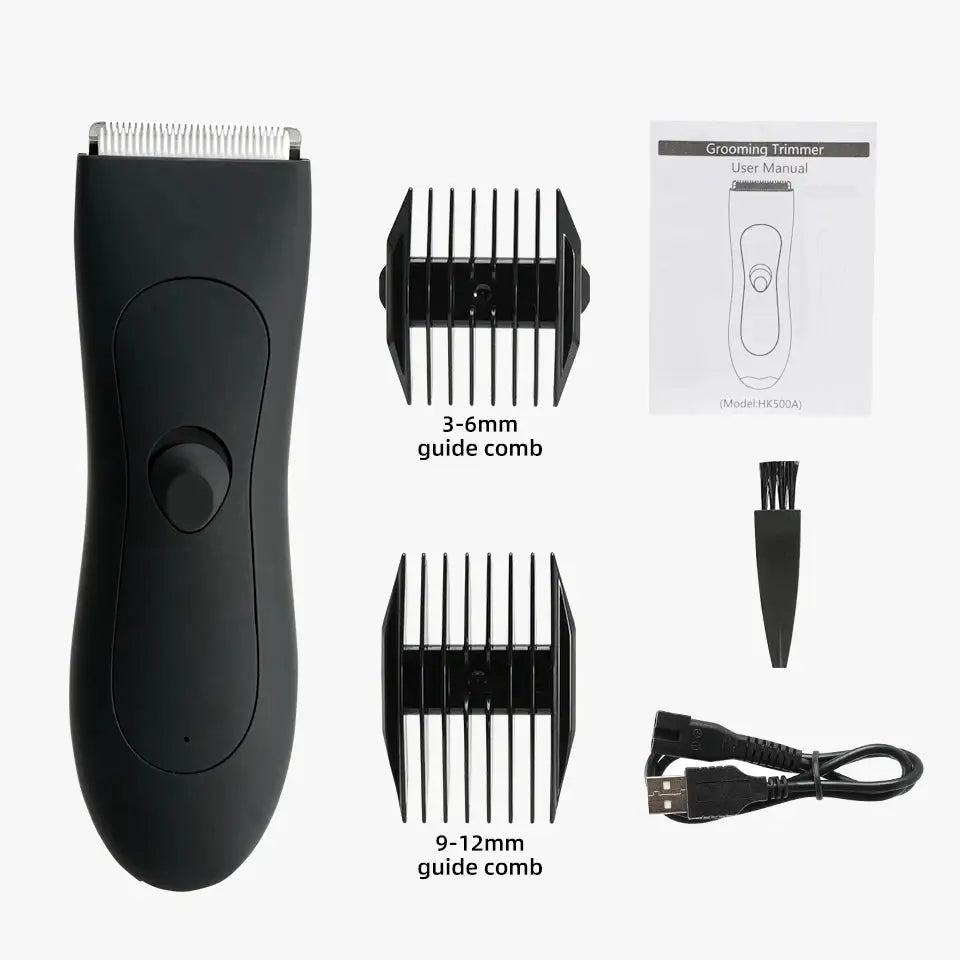 HOMEFISH body hair trimmer in black with 3-6mm and 9-12mm guide combs, USB charging cable, and accessories