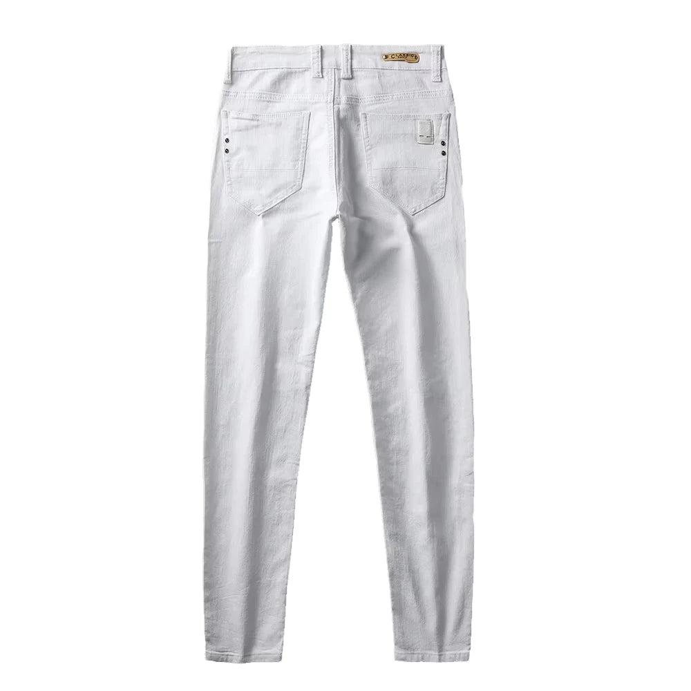 White Slim Fit Straight Jeans For Men 2025 Casual Stretch Denim Pants